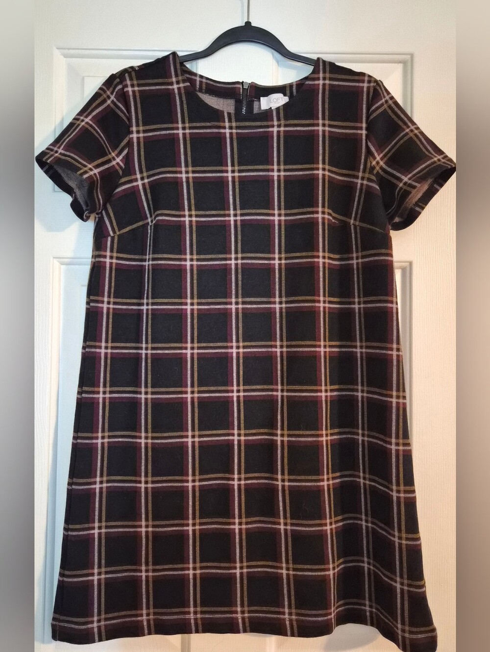 LOFT Plaid Short Sleeve Shift Dress Dark Brown Burgundy